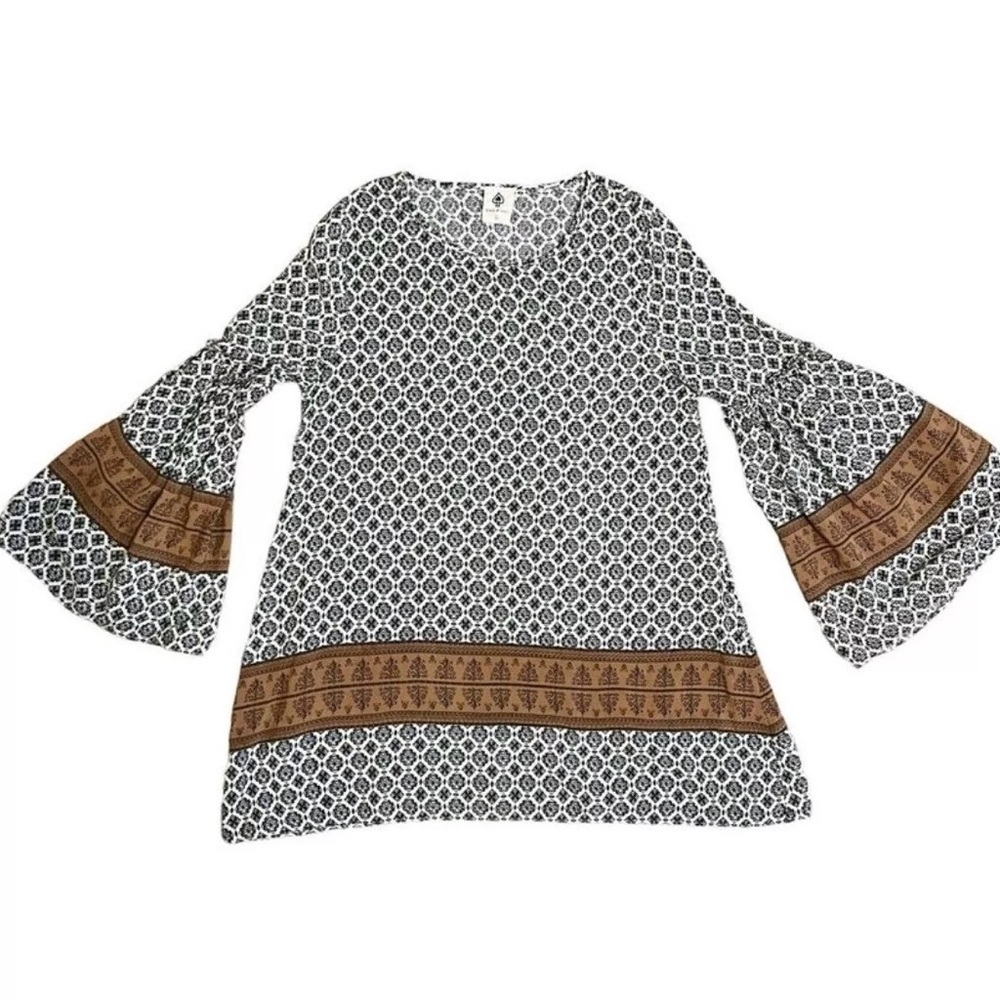 Spade & Heart Boho Bell Sleeve Pullover Print Tunic Blouse Blue Brown Size L